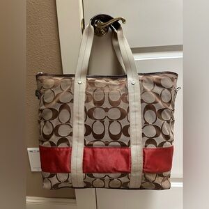 Giant Coach Beige/Brown Signature Tote with Red Leather Accent